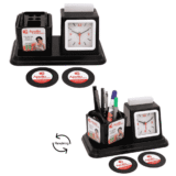 Apollo Pharmacy Rotating Promotional Table Clock With Pen Stand & Tea Coaster