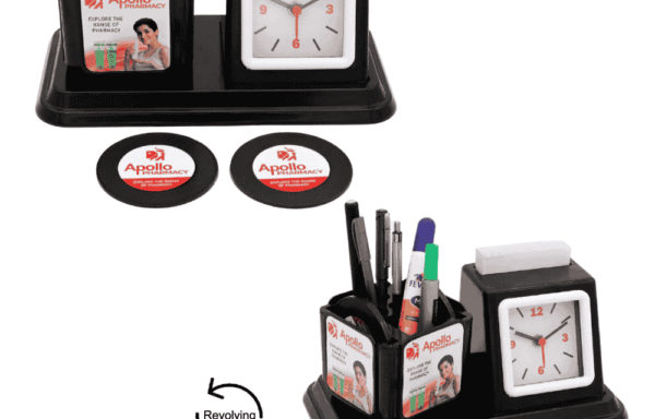 Apollo Pharmacy Rotating Promotional Table Clock With Pen Stand & Tea Coaster