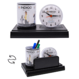 Indigo Rotating Promotional Table Clock With Pen Stand & Mobile Stand